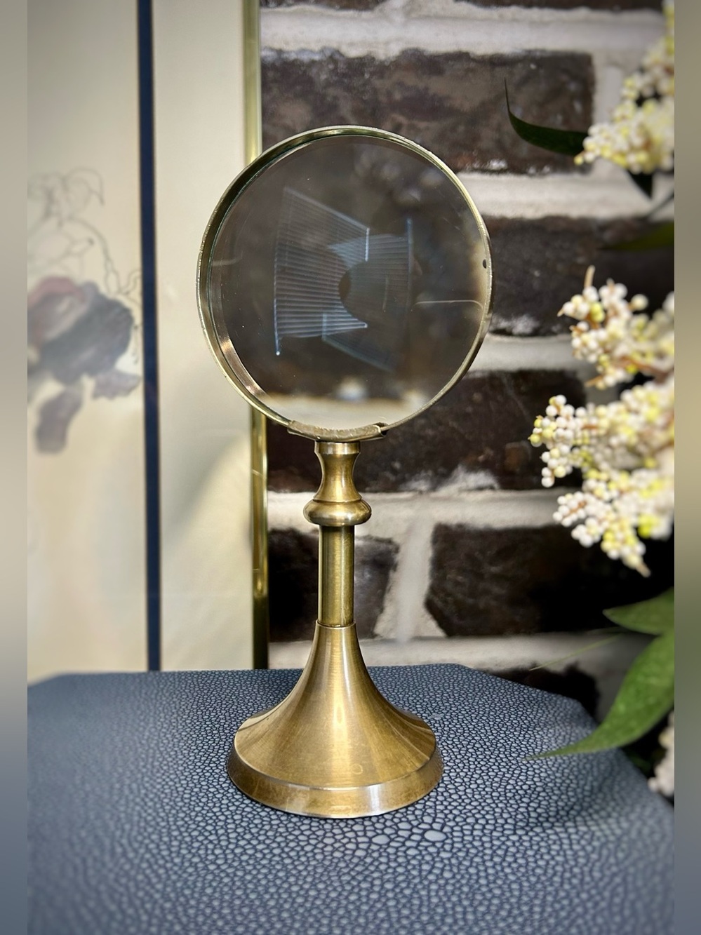 Vintage Solid Brass Magnifying Glass | Freestanding Desk Decor, Mid Century Styl